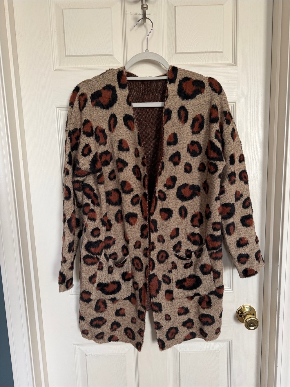 Leopard Print Open-Front Women's Cardigan Sweater - Beige/Rust